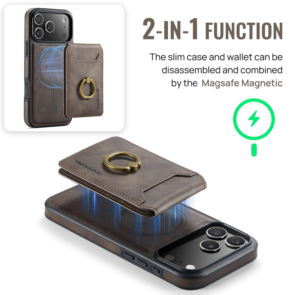 Compatible with iPhone 18 Pro Max & 17 Pro Max MAGKING K1 MagSafe Detachable Wallet RFID Back Cover Phone Case - Coffee