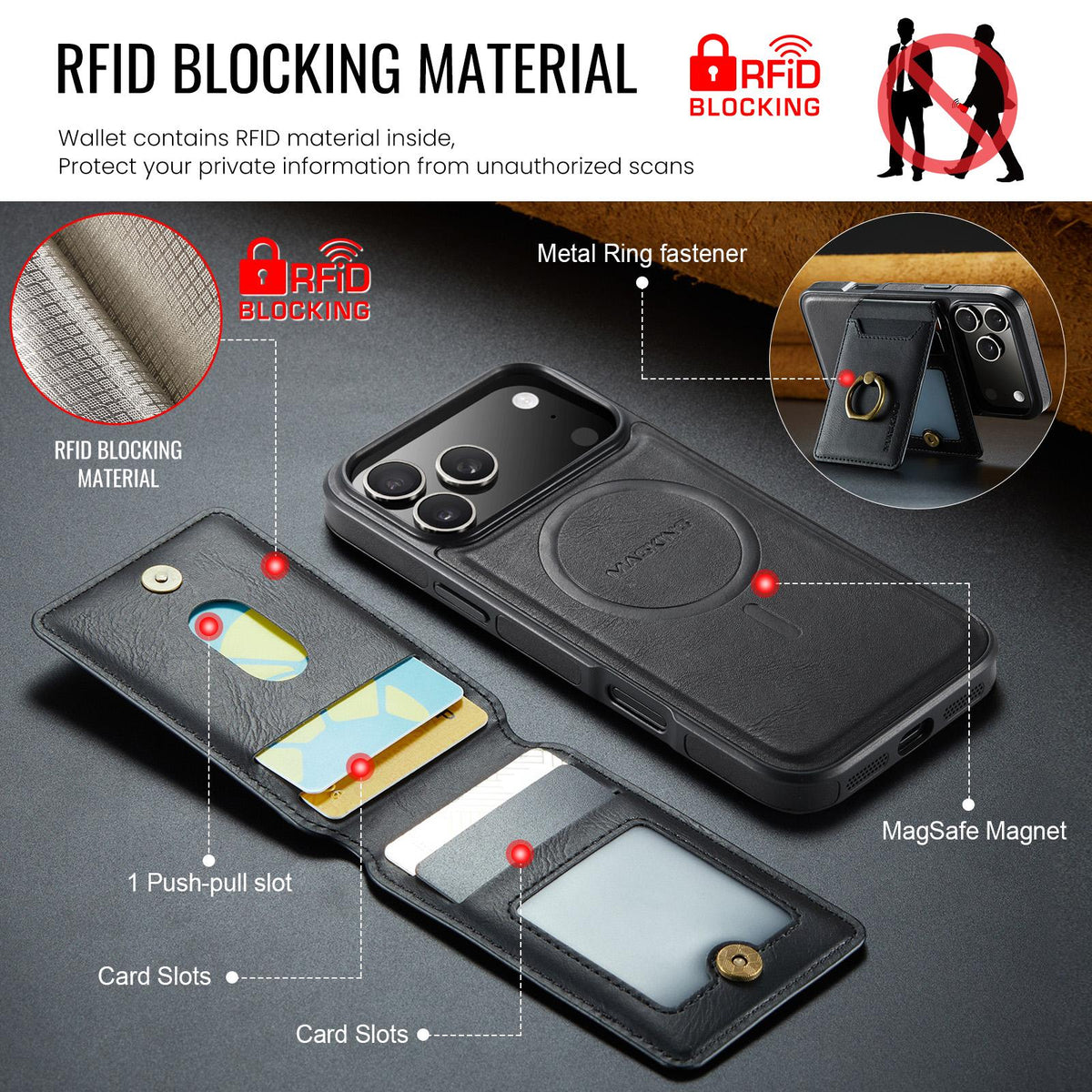 Compatible with iPhone 18 Pro Max & 17 Pro Max MAGKING K1 MagSafe Detachable Wallet RFID Back Cover Phone Case - Black