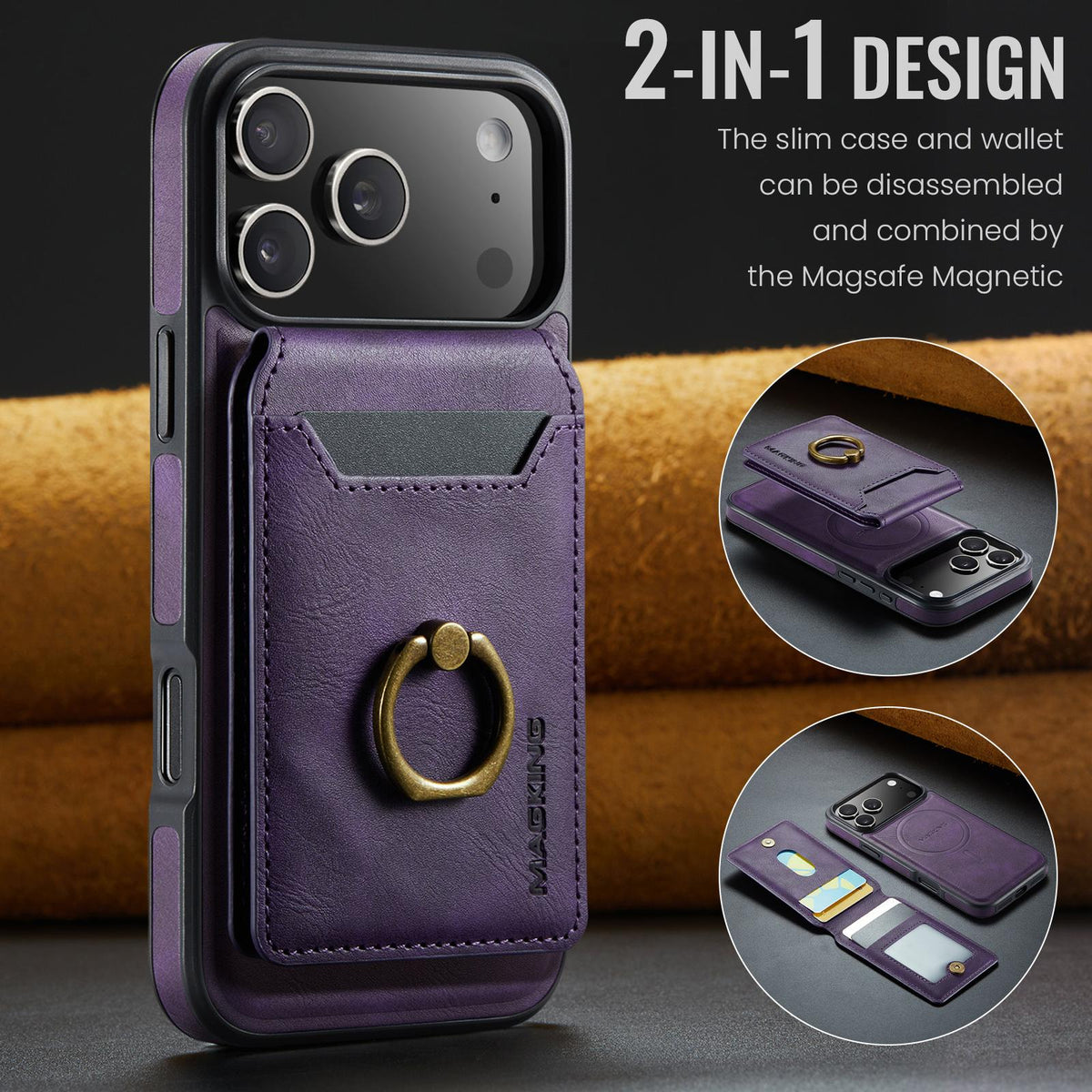 Compatible with iPhone 18 Pro Max & 17 Pro Max MAGKING K1 MagSafe Detachable Wallet RFID Back Cover Phone Case - Purple