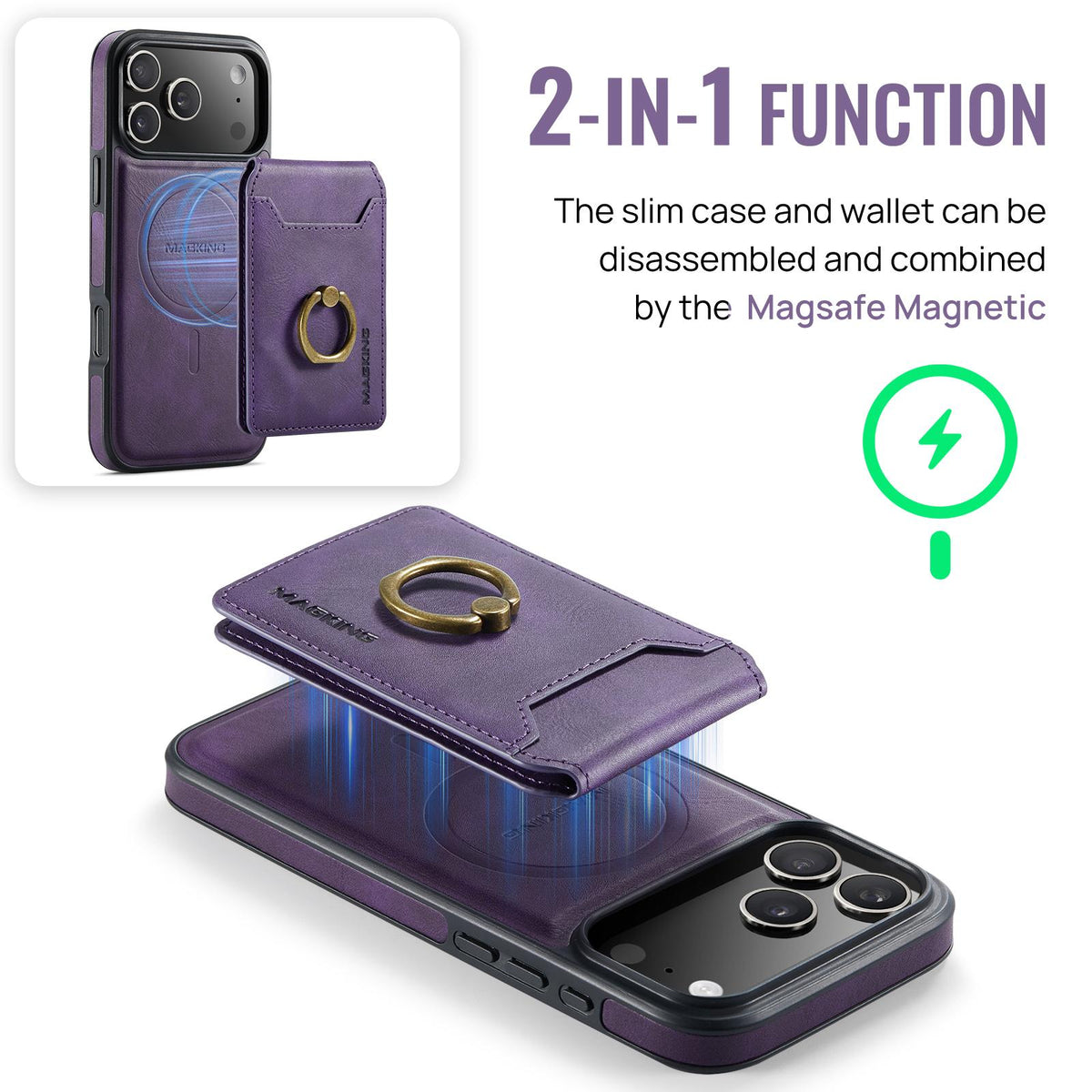 Compatible with iPhone 18 Pro Max & 17 Pro Max MAGKING K1 MagSafe Detachable Wallet RFID Back Cover Phone Case - Purple