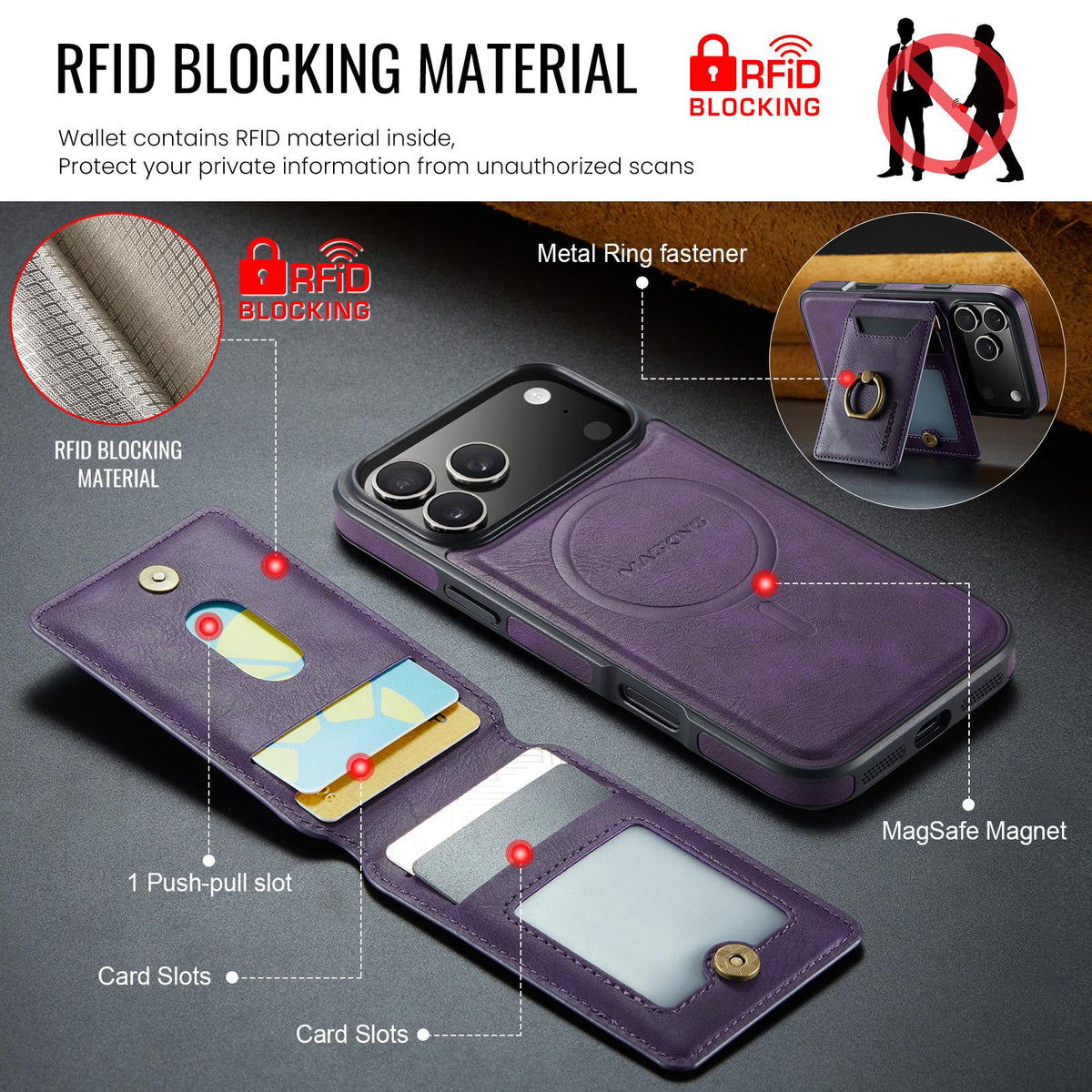 Compatible with iPhone 18 Pro Max & 17 Pro Max MAGKING K1 MagSafe Detachable Wallet RFID Back Cover Phone Case - Purple