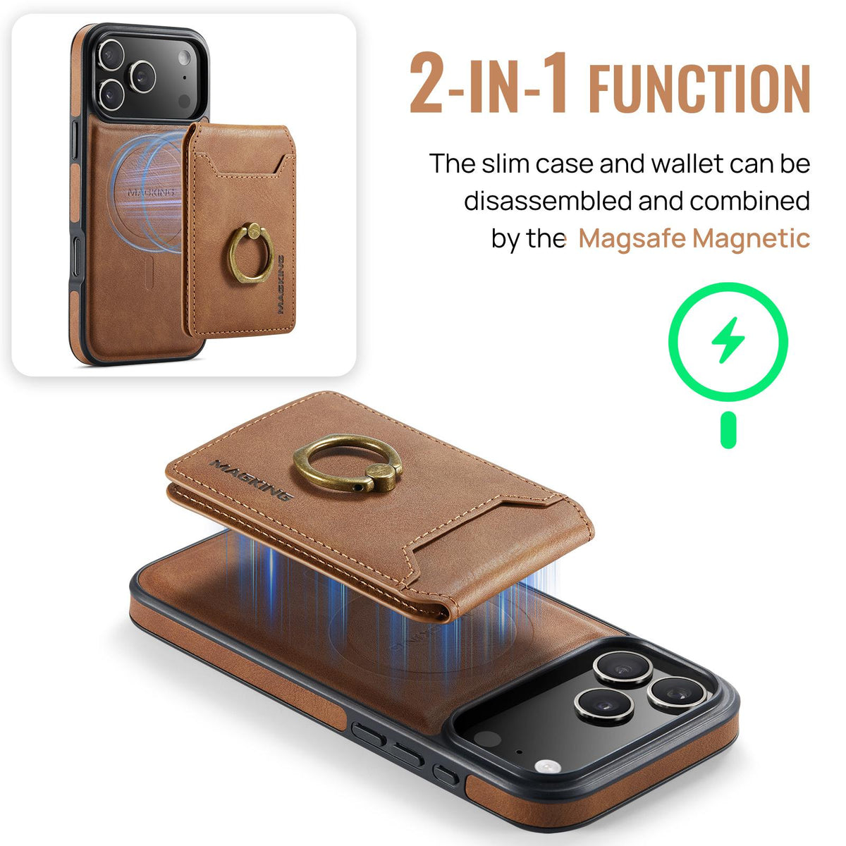 Compatible with iPhone 18 Pro Max & 17 Pro Max MAGKING K1 MagSafe Detachable Wallet RFID Back Cover Phone Case - Brown