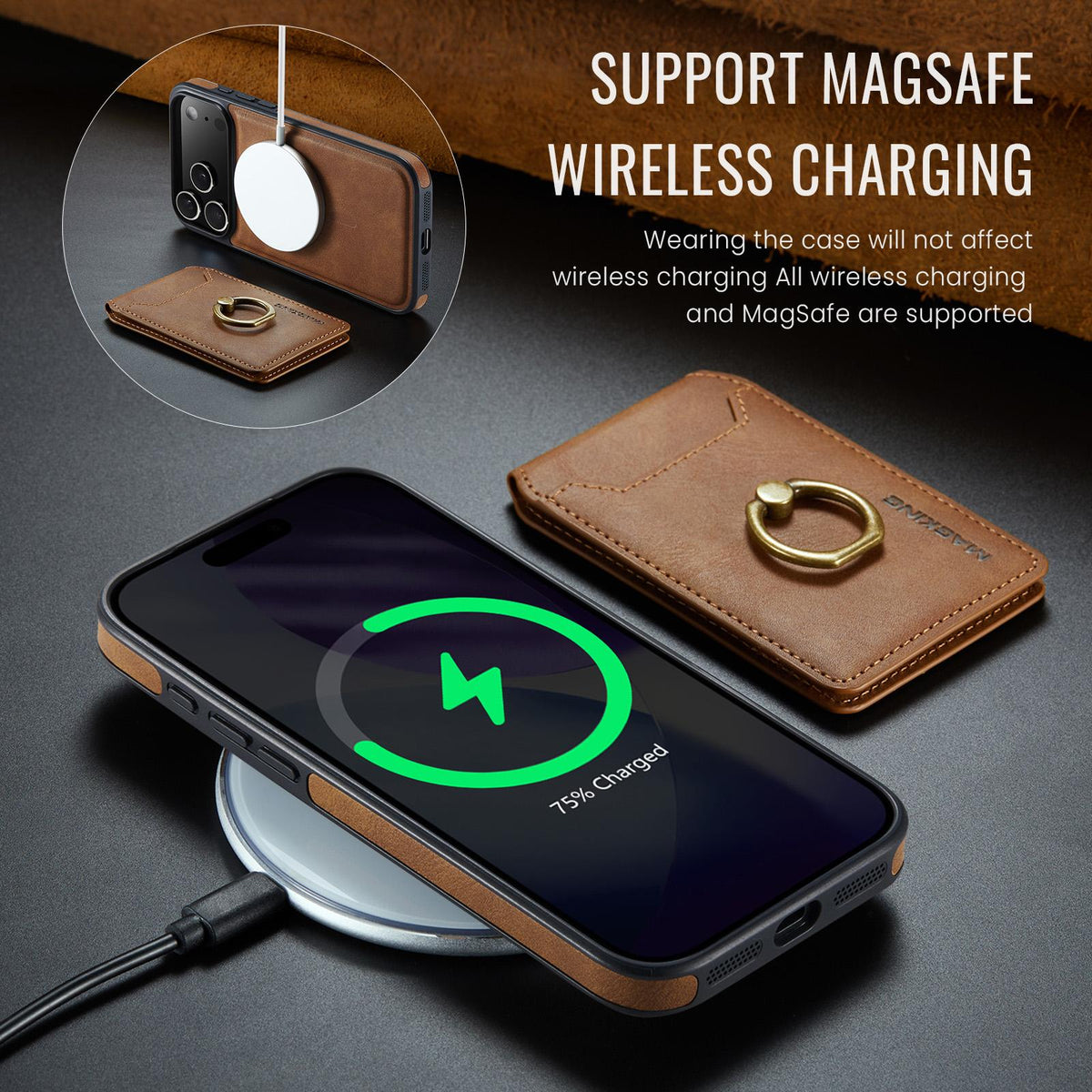 Compatible with iPhone 18 Pro Max & 17 Pro Max MAGKING K1 MagSafe Detachable Wallet RFID Back Cover Phone Case - Brown