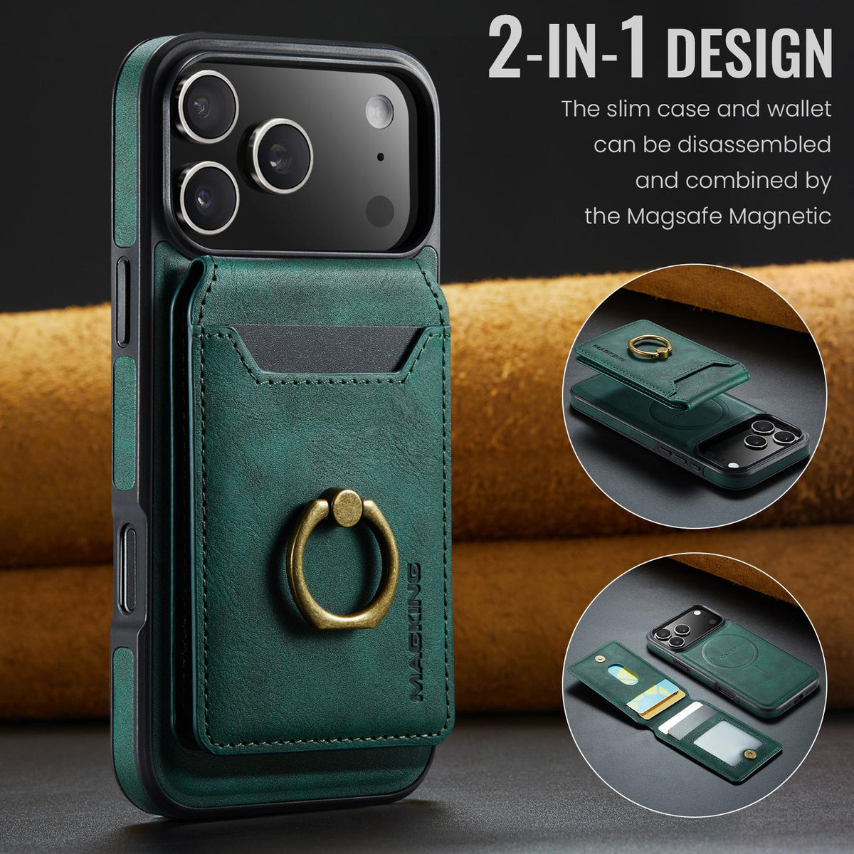 Compatible with iPhone 18 Pro Max & 17 Pro Max MAGKING K1 MagSafe Detachable Wallet RFID Back Cover Phone Case - Green