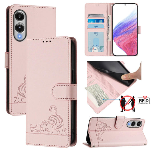For Samsung Galaxy S25 Edge 5G Cat Rat Embossed RFID Leather Phone Case with Lanyard(Pink)