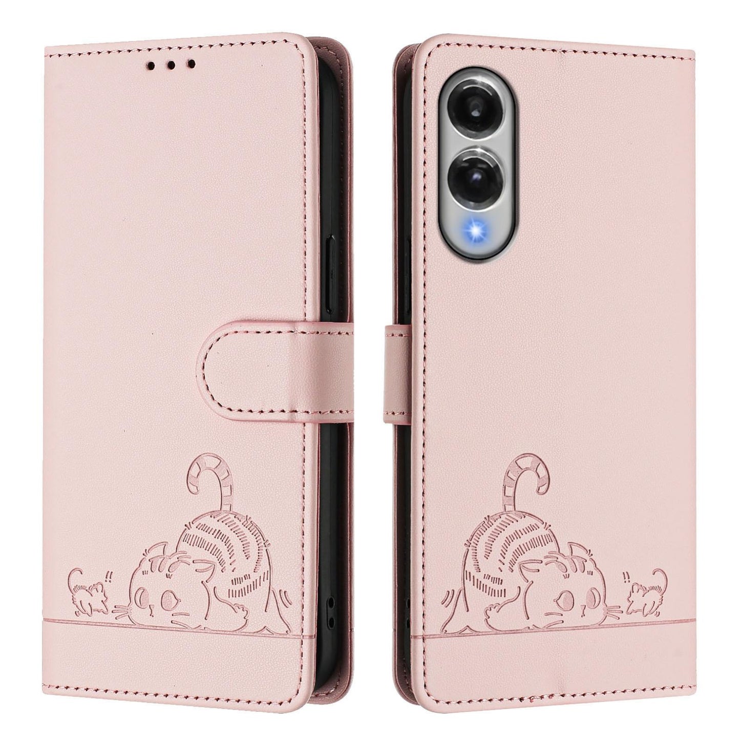 For Samsung Galaxy S25 Edge 5G Cat Rat Embossed RFID Leather Phone Case with Lanyard(Pink)