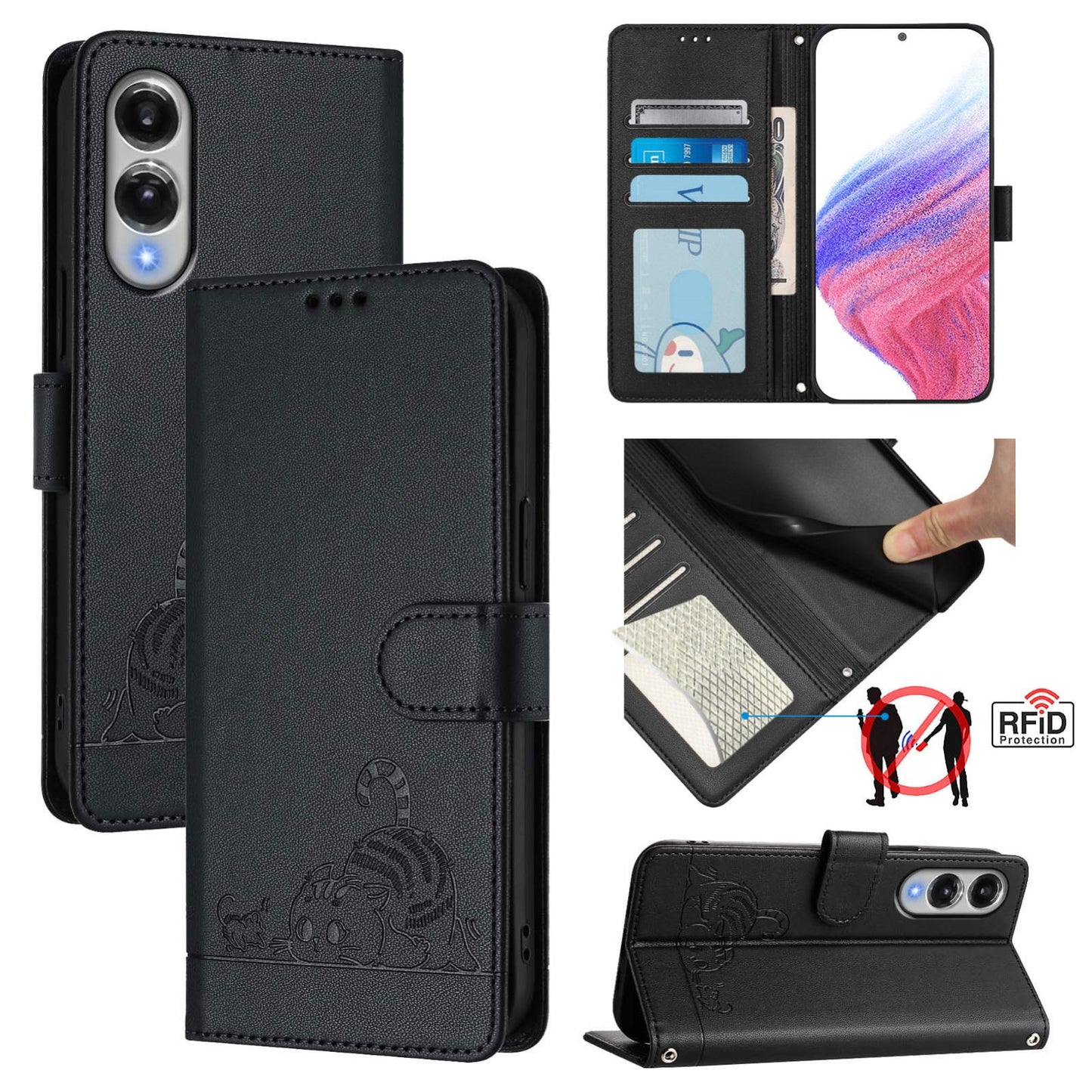 For Samsung Galaxy S25 Edge 5G Cat Rat Embossed RFID Leather Phone Case with Lanyard(Black)