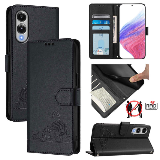 For Samsung Galaxy S25 Edge 5G Cat Rat Embossed RFID Leather Phone Case with Lanyard(Black)