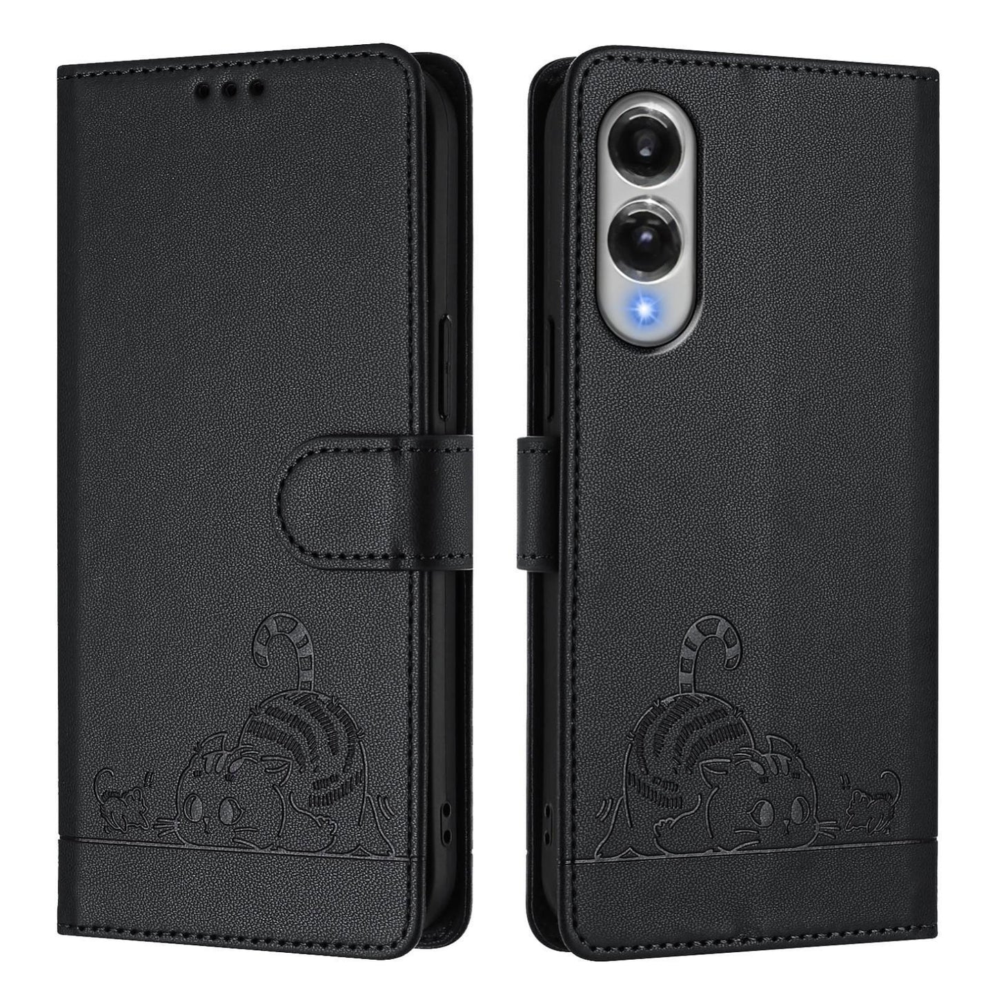 For Samsung Galaxy S25 Edge 5G Cat Rat Embossed RFID Leather Phone Case with Lanyard(Black)