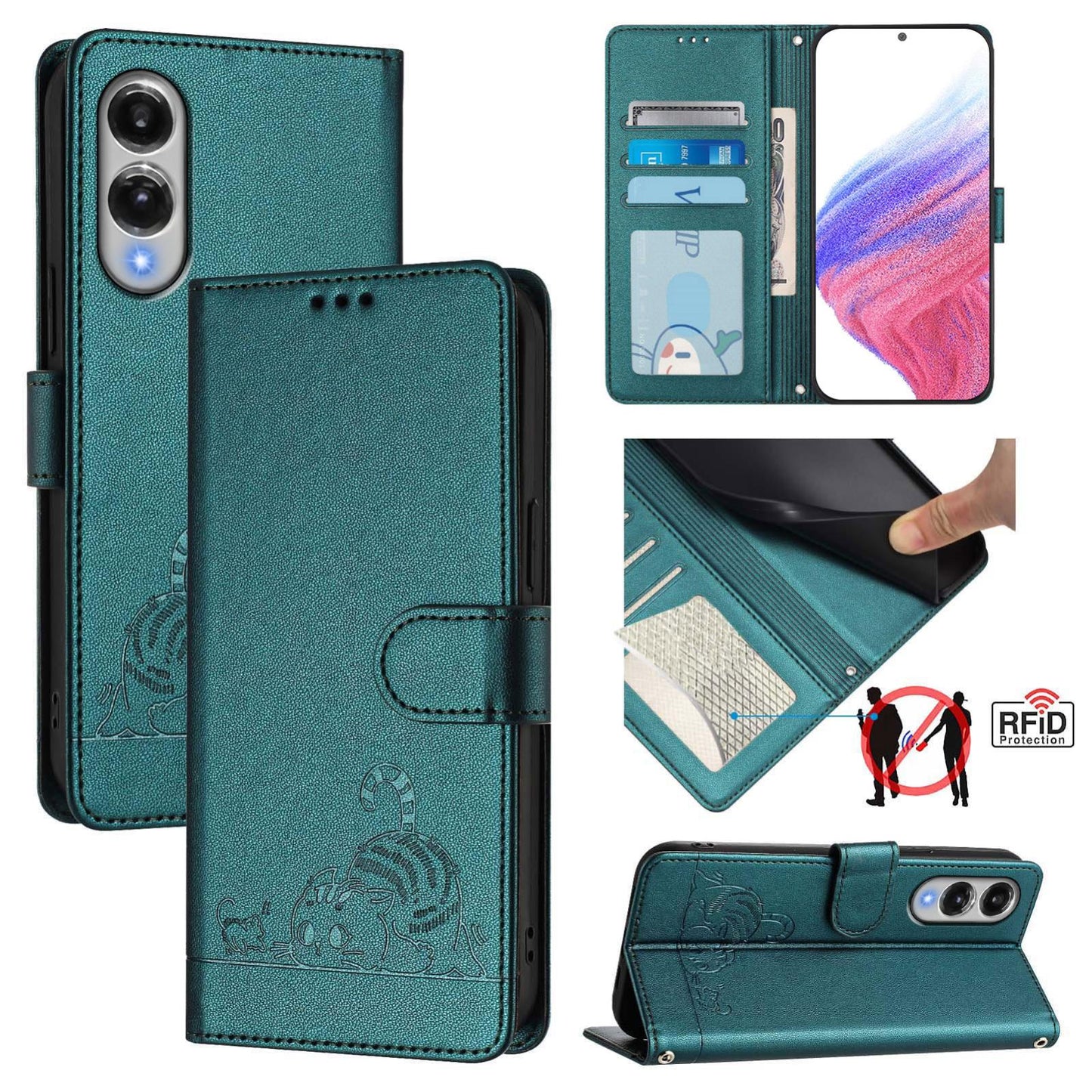 For Samsung Galaxy S25 Edge 5G Cat Rat Embossed RFID Leather Phone Case with Lanyard(Peacock Green)