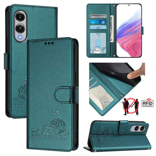 For Samsung Galaxy S25 Edge 5G Cat Rat Embossed RFID Leather Phone Case with Lanyard(Peacock Green)