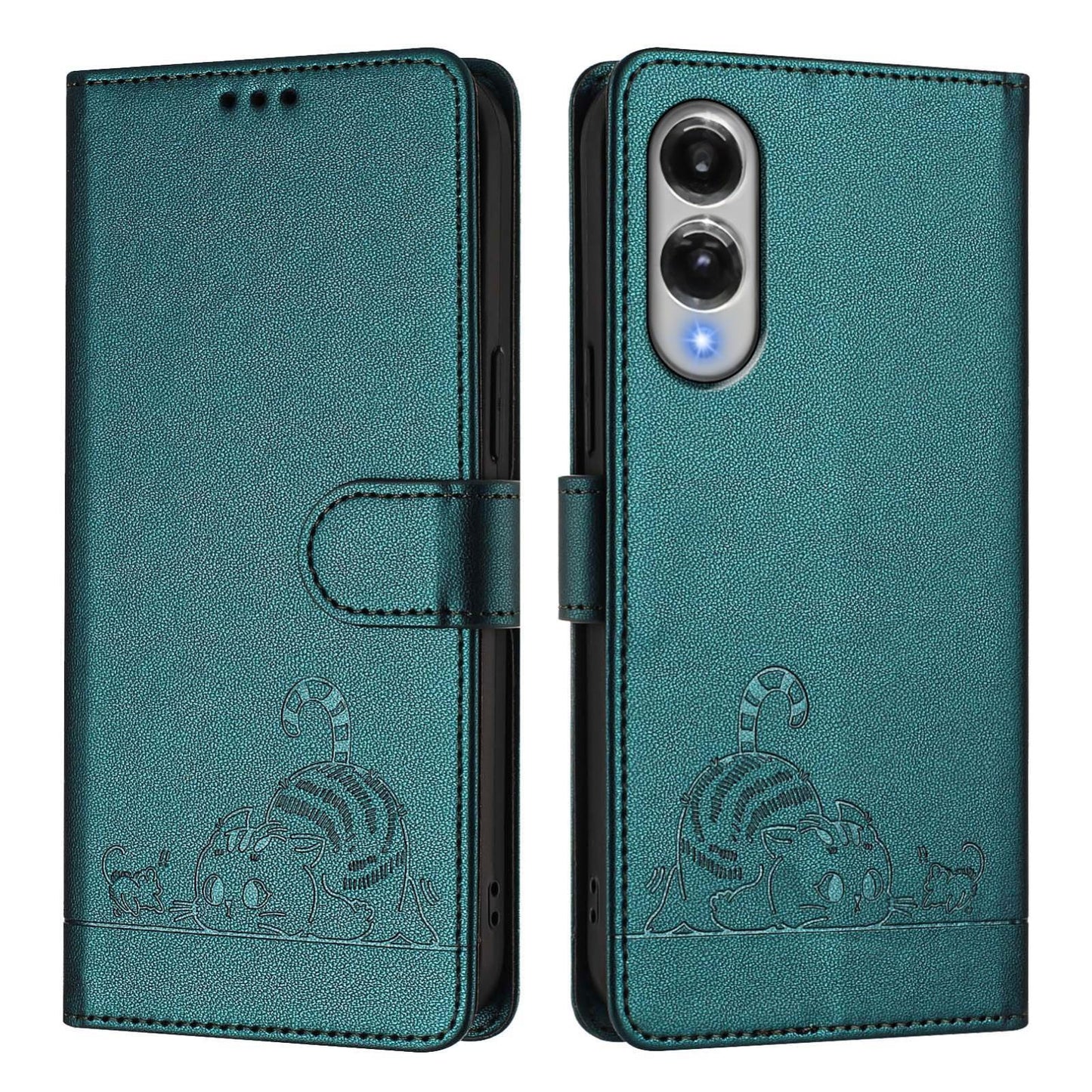 For Samsung Galaxy S25 Edge 5G Cat Rat Embossed RFID Leather Phone Case with Lanyard(Peacock Green)