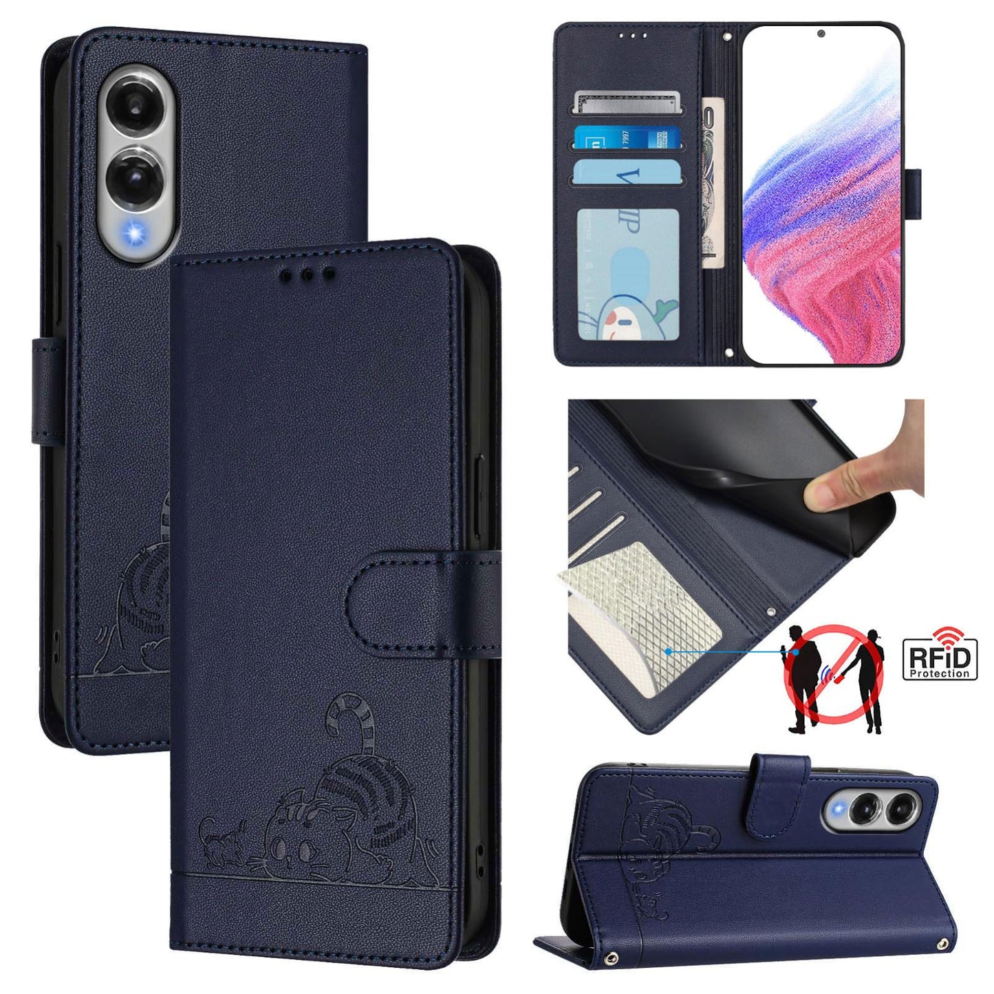 For Samsung Galaxy S25 Edge 5G Cat Rat Embossed RFID Leather Phone Case with Lanyard(Blue)