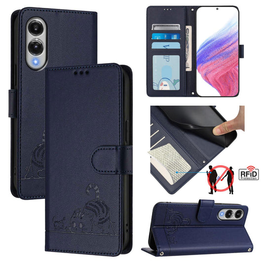 For Samsung Galaxy S25 Edge 5G Cat Rat Embossed RFID Leather Phone Case with Lanyard(Blue)