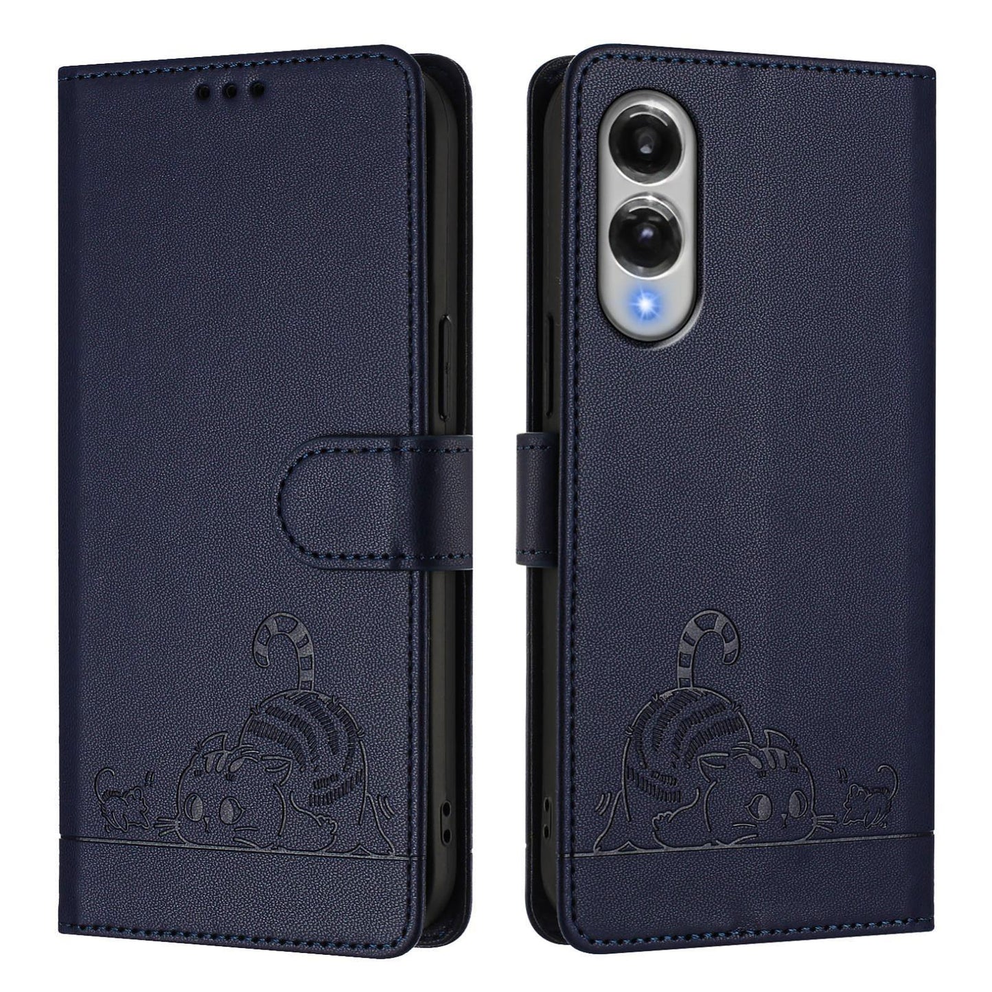 For Samsung Galaxy S25 Edge 5G Cat Rat Embossed RFID Leather Phone Case with Lanyard(Blue)