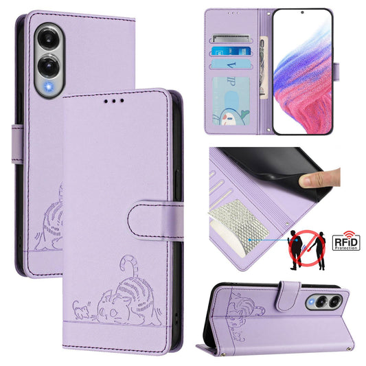 For Samsung Galaxy S25 Edge 5G Cat Rat Embossed RFID Leather Phone Case with Lanyard(Purple)