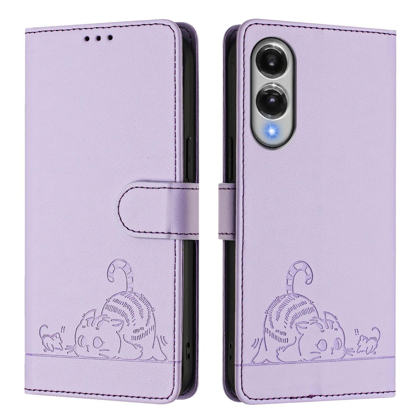 For Samsung Galaxy S25 Edge 5G Cat Rat Embossed RFID Leather Phone Case with Lanyard(Purple)