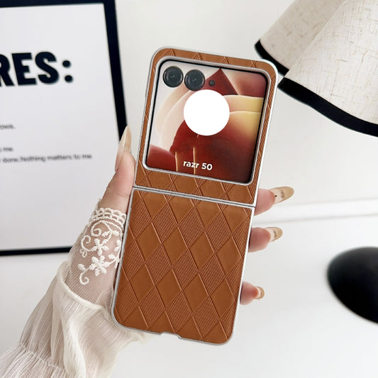 For Motorola Razr 50 Ultra Pearlescent Paint Diamond Shaped Checkered Leather Phone Case(Brown)