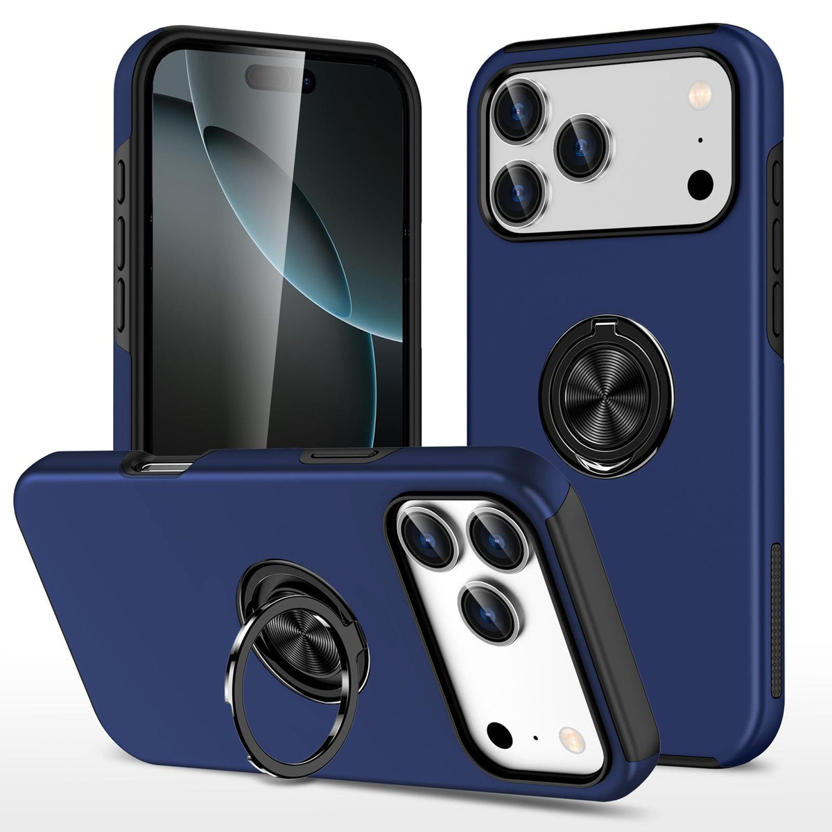 Compatible with iPhone 18 Pro Max PC + TPU Magnetic Phone Case with Invisible Ring Holder - Navy Blue