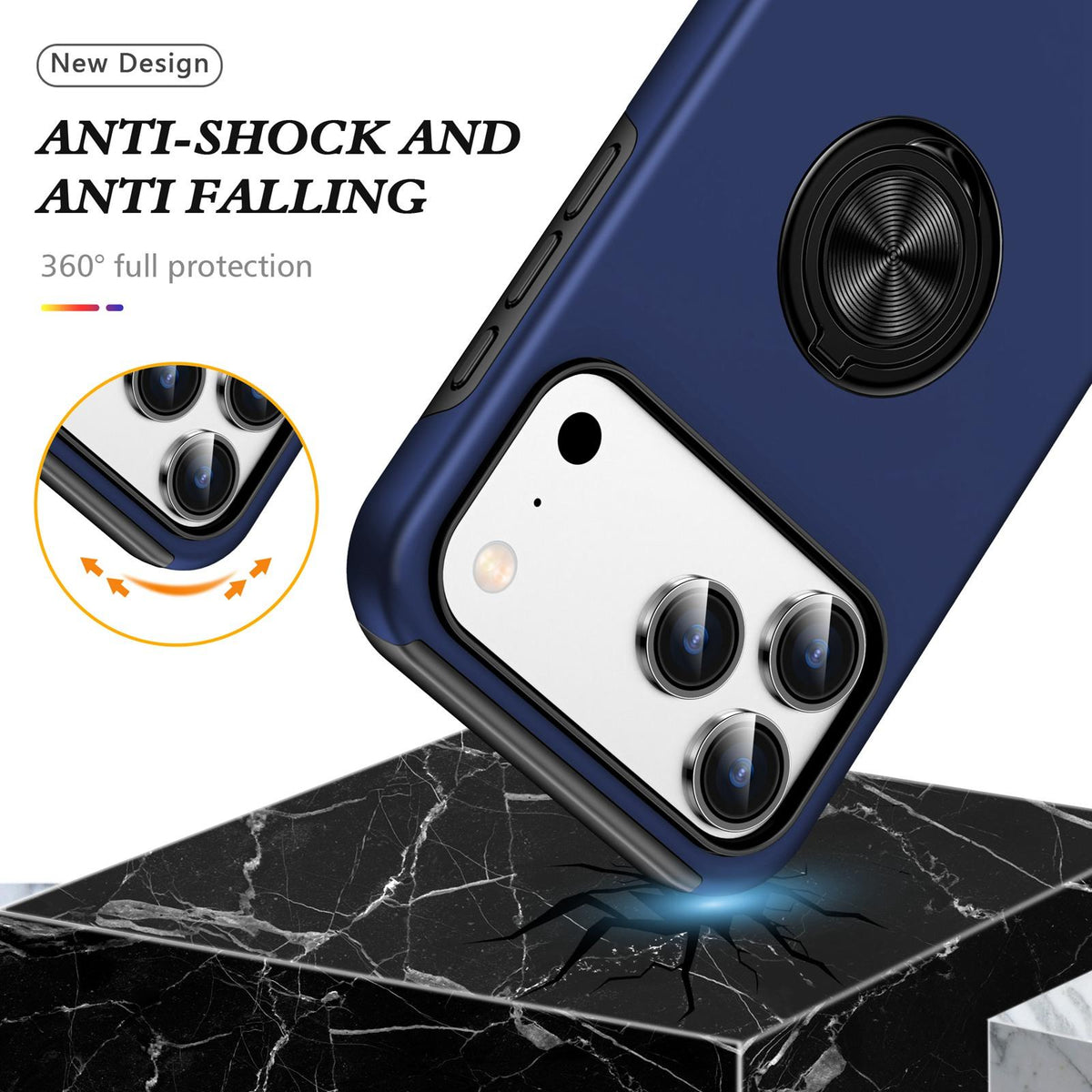 Compatible with iPhone 18 Pro Max PC + TPU Magnetic Phone Case with Invisible Ring Holder - Navy Blue