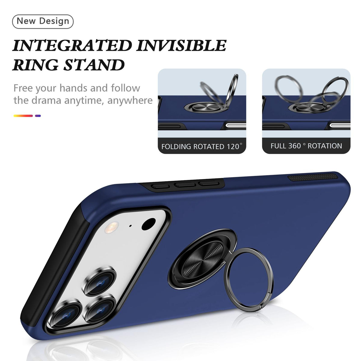 Compatible with iPhone 18 Pro Max PC + TPU Magnetic Phone Case with Invisible Ring Holder - Navy Blue