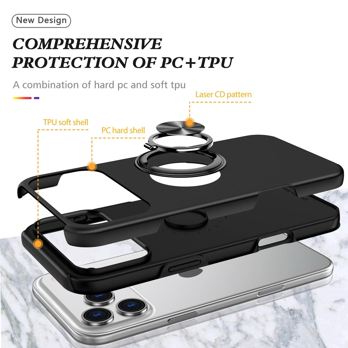 Compatible with iPhone 18 Pro Max PC + TPU Magnetic Phone Case with Invisible Ring Holder - Black