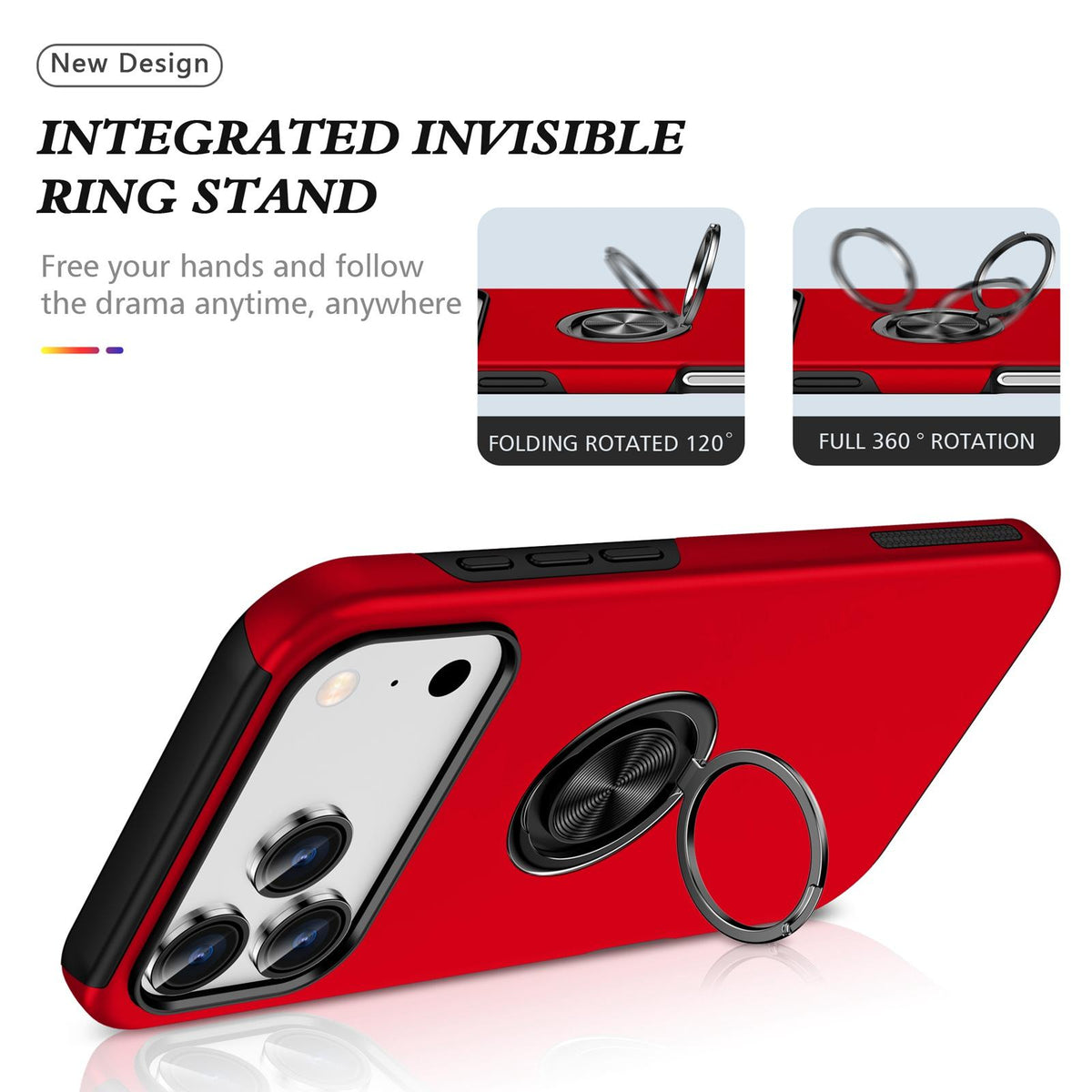 Compatible with iPhone 18 Pro Max PC + TPU Magnetic Phone Case with Invisible Ring Holder - Red