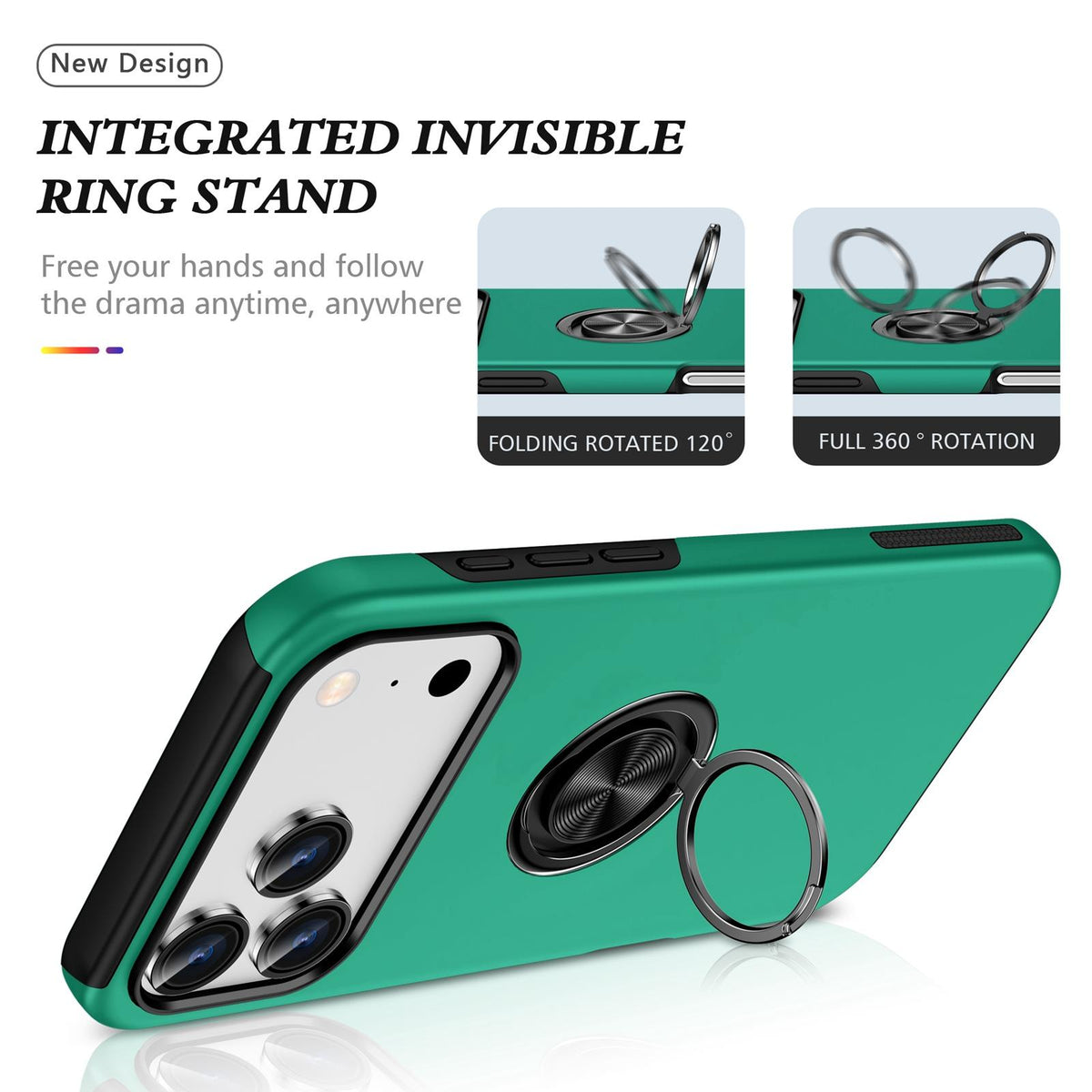 Compatible with iPhone 18 Pro Max PC + TPU Magnetic Phone Case with Invisible Ring Holder - Dark Green