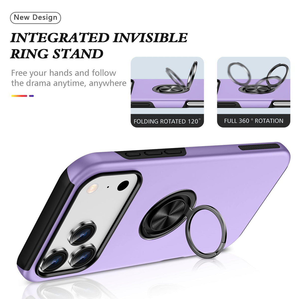 Compatible with iPhone 18 Pro Max PC + TPU Magnetic Phone Case with Invisible Ring Holder - Purple