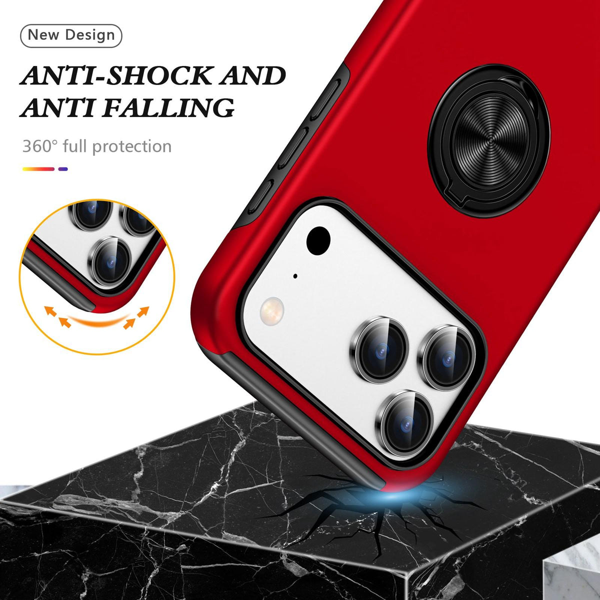 Compatible with iPhone 18 Pro PC + TPU Magnetic Phone Case with Invisible Ring Holder - Red