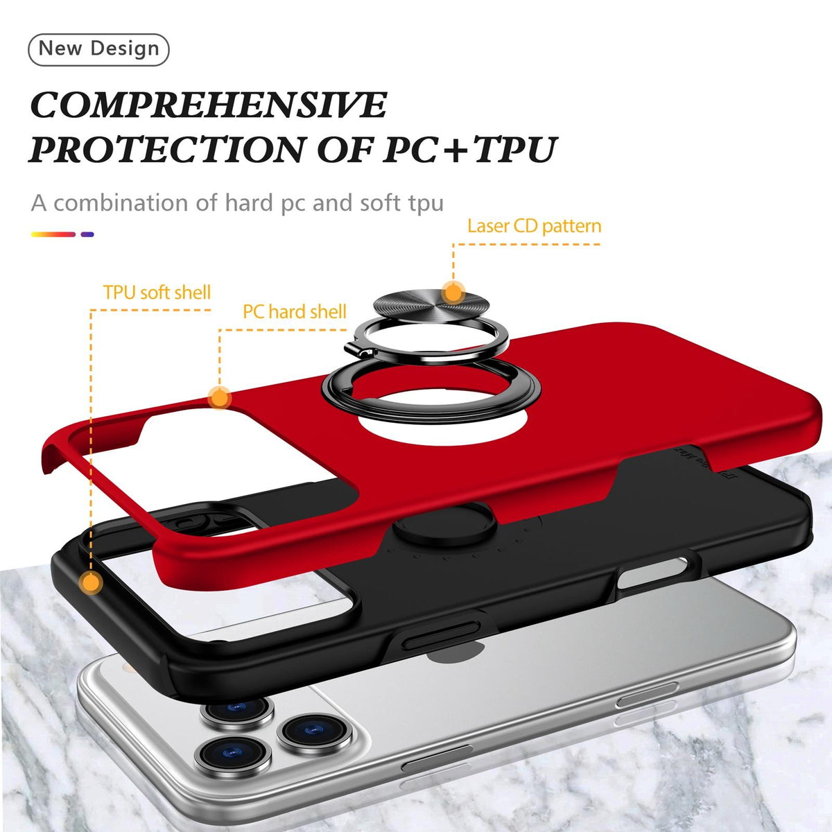 Compatible with iPhone 18 Pro PC + TPU Magnetic Phone Case with Invisible Ring Holder - Red