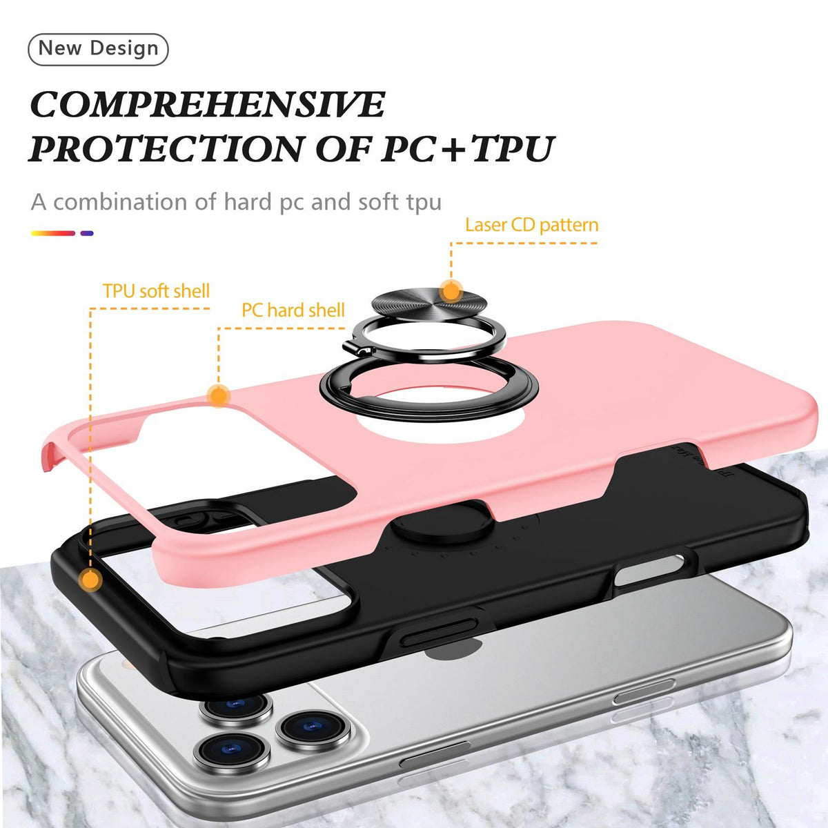 Compatible with iPhone 18 Pro PC + TPU Magnetic Phone Case with Invisible Ring Holder - Rose Gold