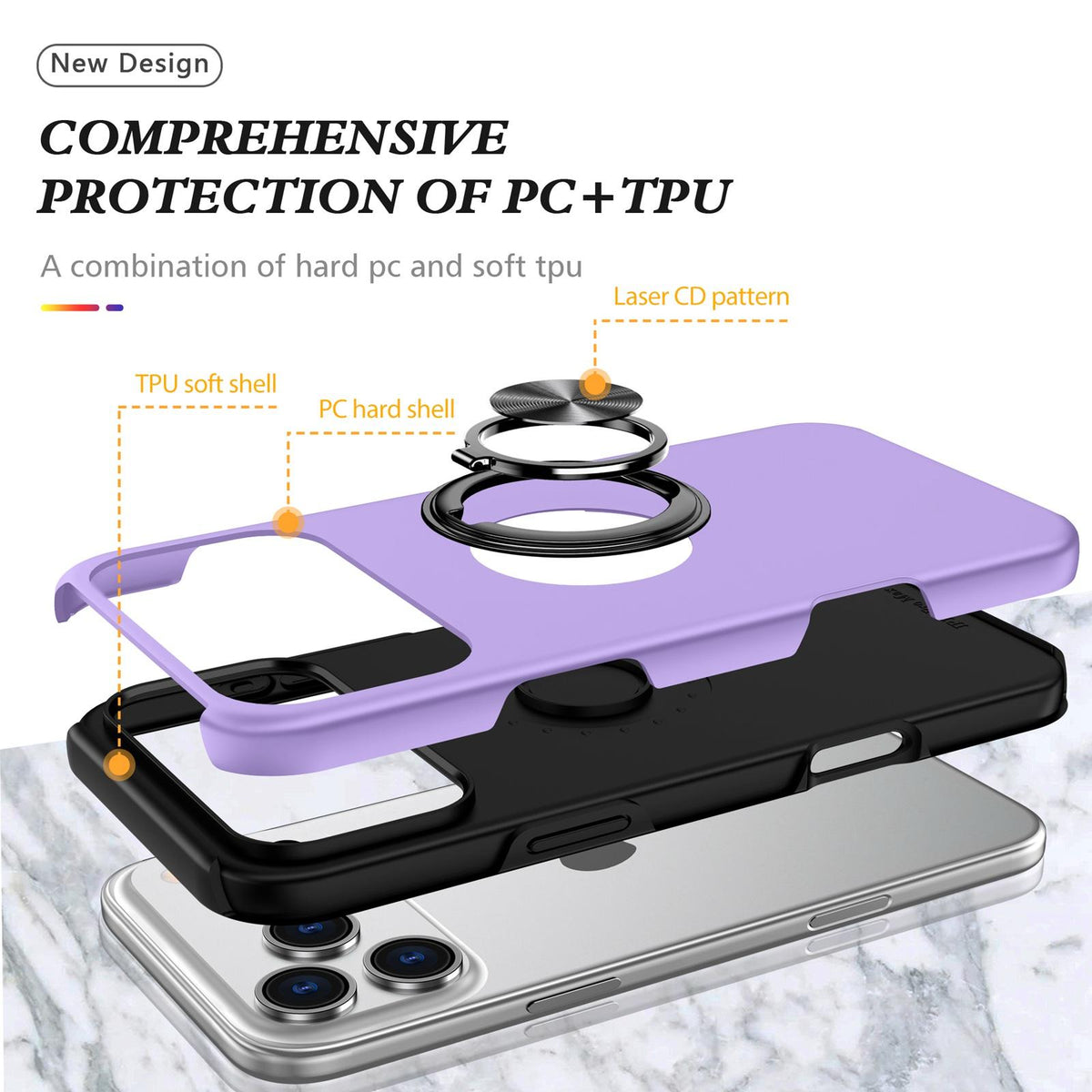 Compatible with iPhone 18 Pro PC + TPU Magnetic Phone Case with Invisible Ring Holder - Purple