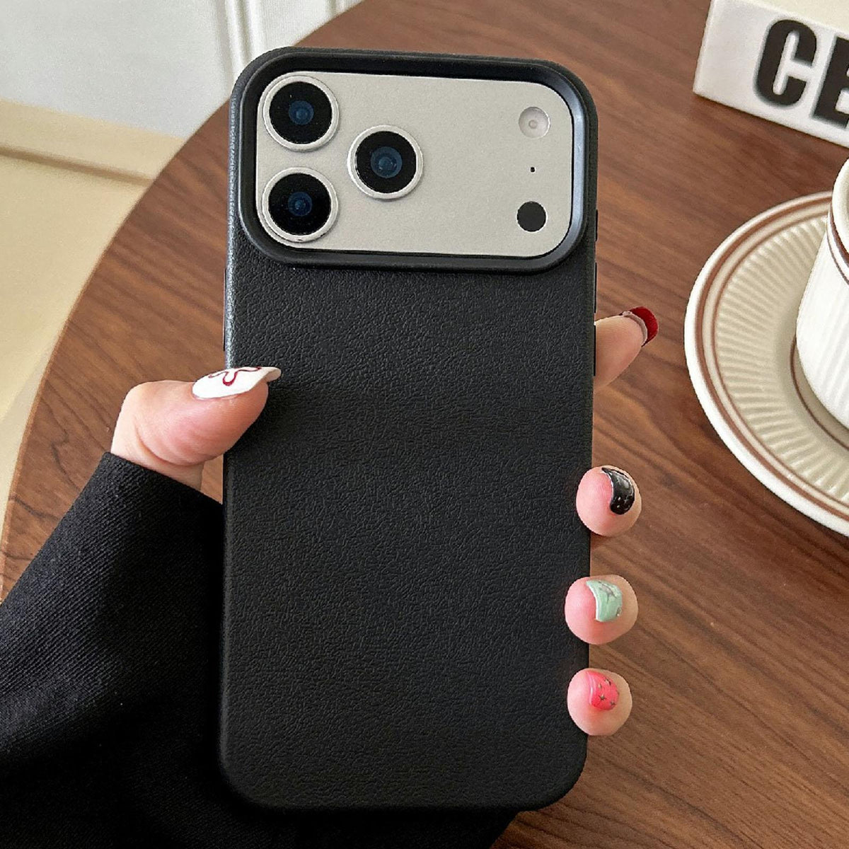 Compatible with iPhone 18 Pro Max Leather Texture TPU Full Coverage Phone Case - Black