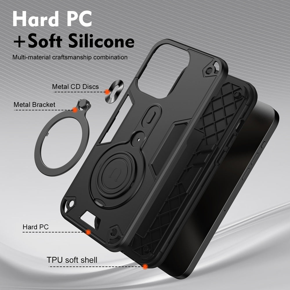 For Redmi 14C 4G Metal Ring 360 Degree Rotating Holder PC Hybrid TPU Phone Case(Black)