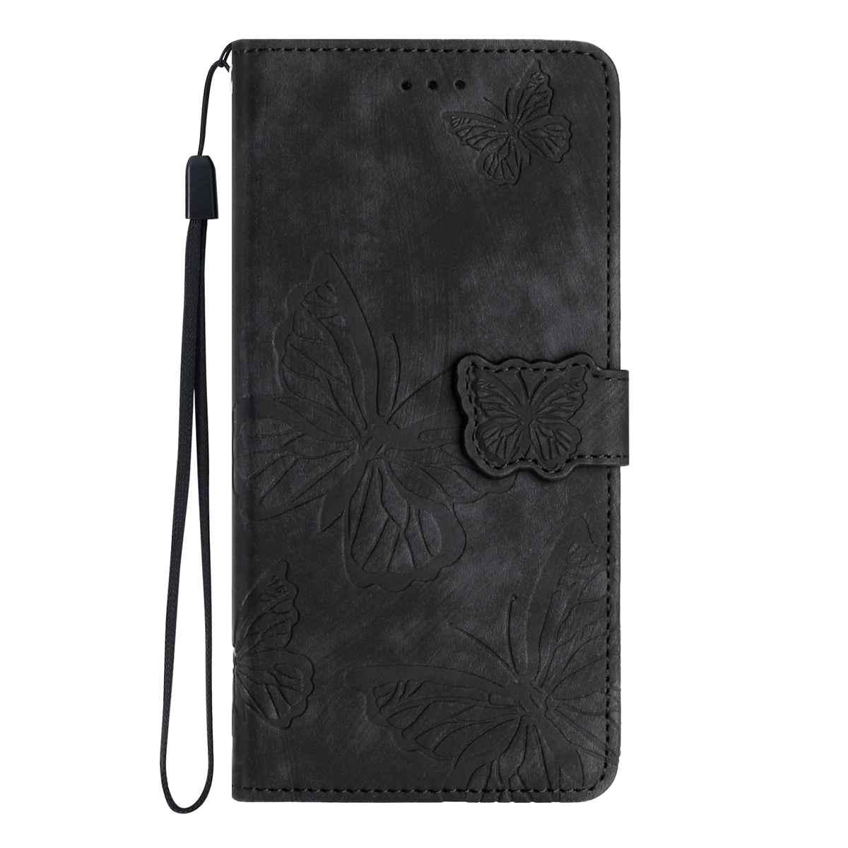 Compatible with iPhone 18 Pro Max & 17 Pro Max Skin-feel Embossed Butterfly Leather Phone Case - Black