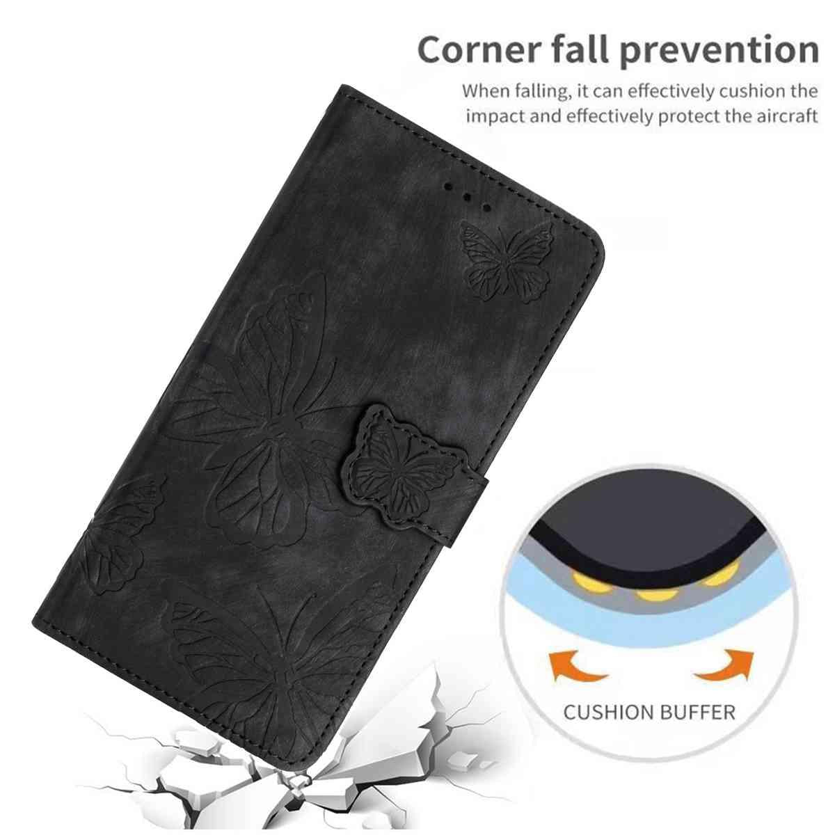 Compatible with iPhone 18 Pro Max & 17 Pro Max Skin-feel Embossed Butterfly Leather Phone Case - Black