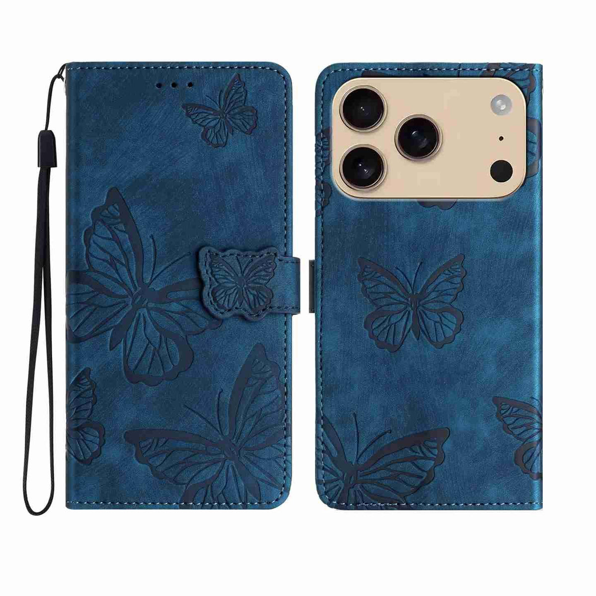 Compatible with iPhone 18 Pro Max & 17 Pro Max Skin-feel Embossed Butterfly Leather Phone Case - Blue