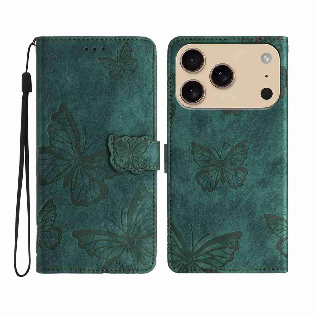 Compatible with iPhone 18 Pro Max & 17 Pro Max Skin-feel Embossed Butterfly Leather Phone Case - Green