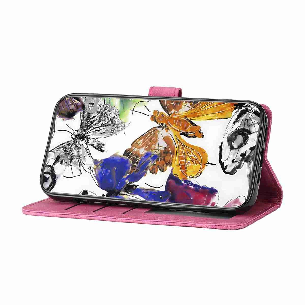Compatible with iPhone 18 Pro Max & 17 Pro Max Skin-feel Embossed Butterfly Leather Phone Case - Rose Red