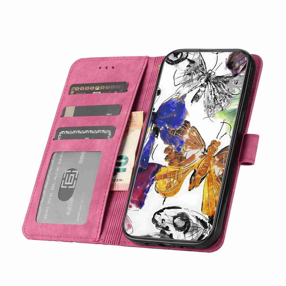 Compatible with iPhone 18 Pro Max & 17 Pro Max Skin-feel Embossed Butterfly Leather Phone Case - Rose Red