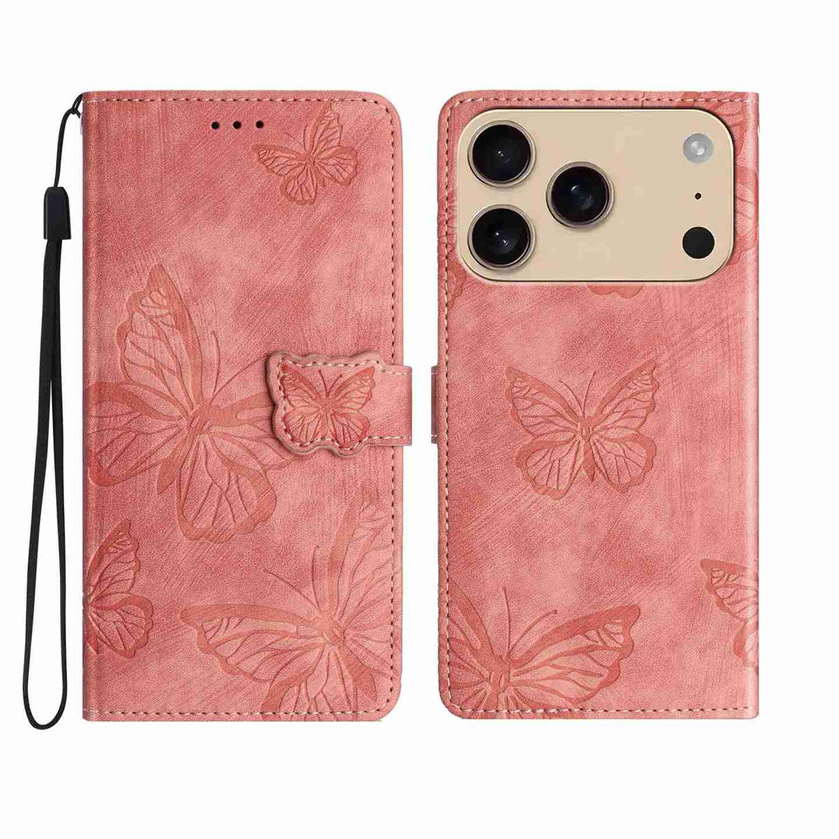 Compatible with iPhone 18 Pro Max & 17 Pro Max Skin-feel Embossed Butterfly Leather Phone Case - Pink