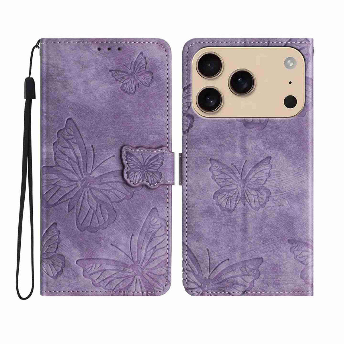 Compatible with iPhone 18 Pro Max & 17 Pro Max Skin-feel Embossed Butterfly Leather Phone Case - Purple
