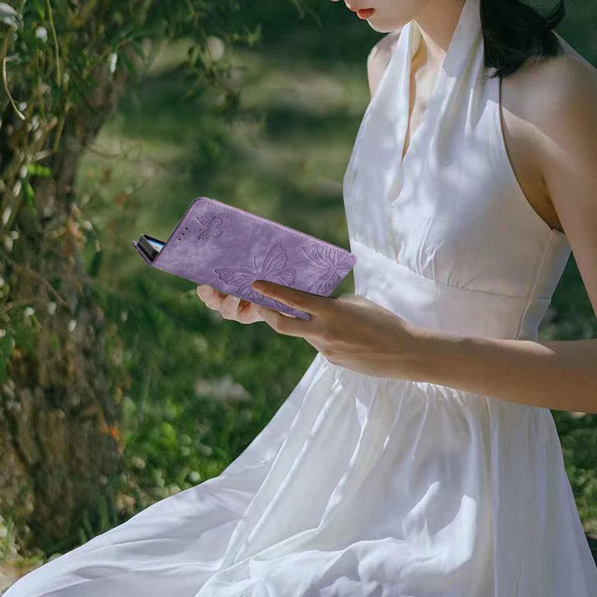 Compatible with iPhone 18 Pro Max & 17 Pro Max Skin-feel Embossed Butterfly Leather Phone Case - Purple