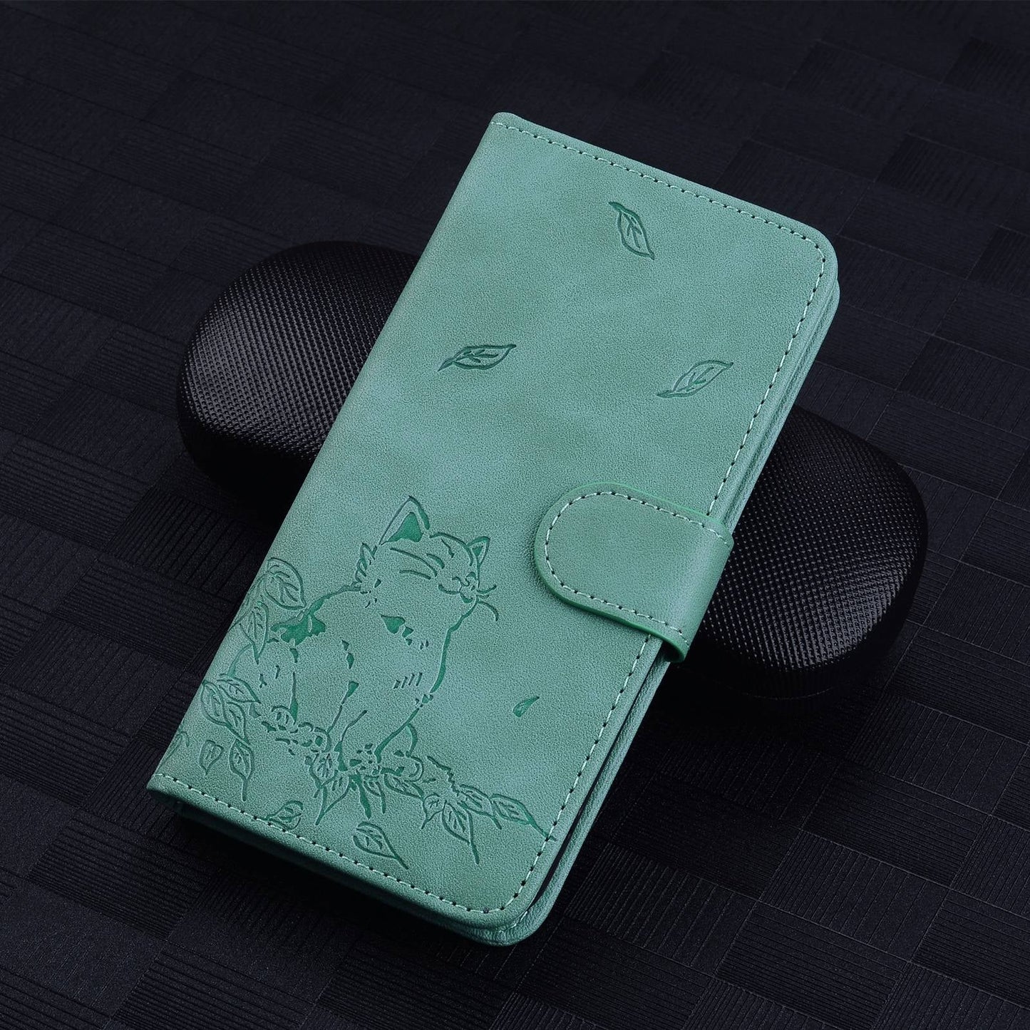 For iPhone 16e Cute Cat Embossed Leather Phone Case(Green)