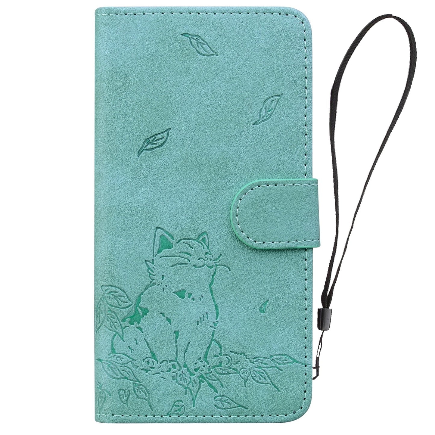 For iPhone 16e Cute Cat Embossed Leather Phone Case(Green)
