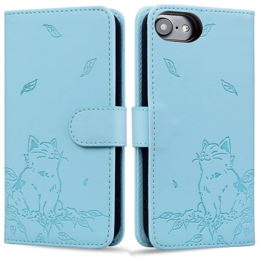 For iPhone 16e Cute Cat Embossed Leather Phone Case(Sky Blue)