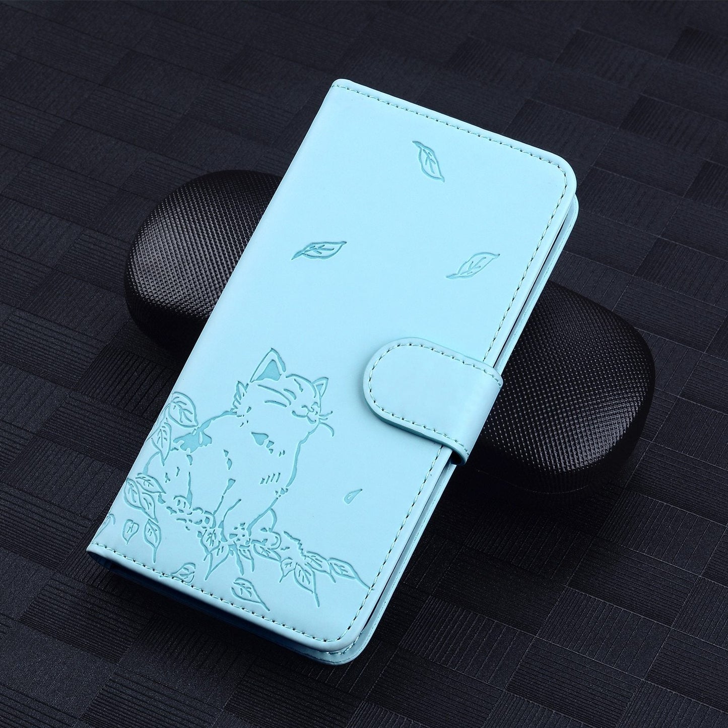 For iPhone 16e Cute Cat Embossed Leather Phone Case(Sky Blue)