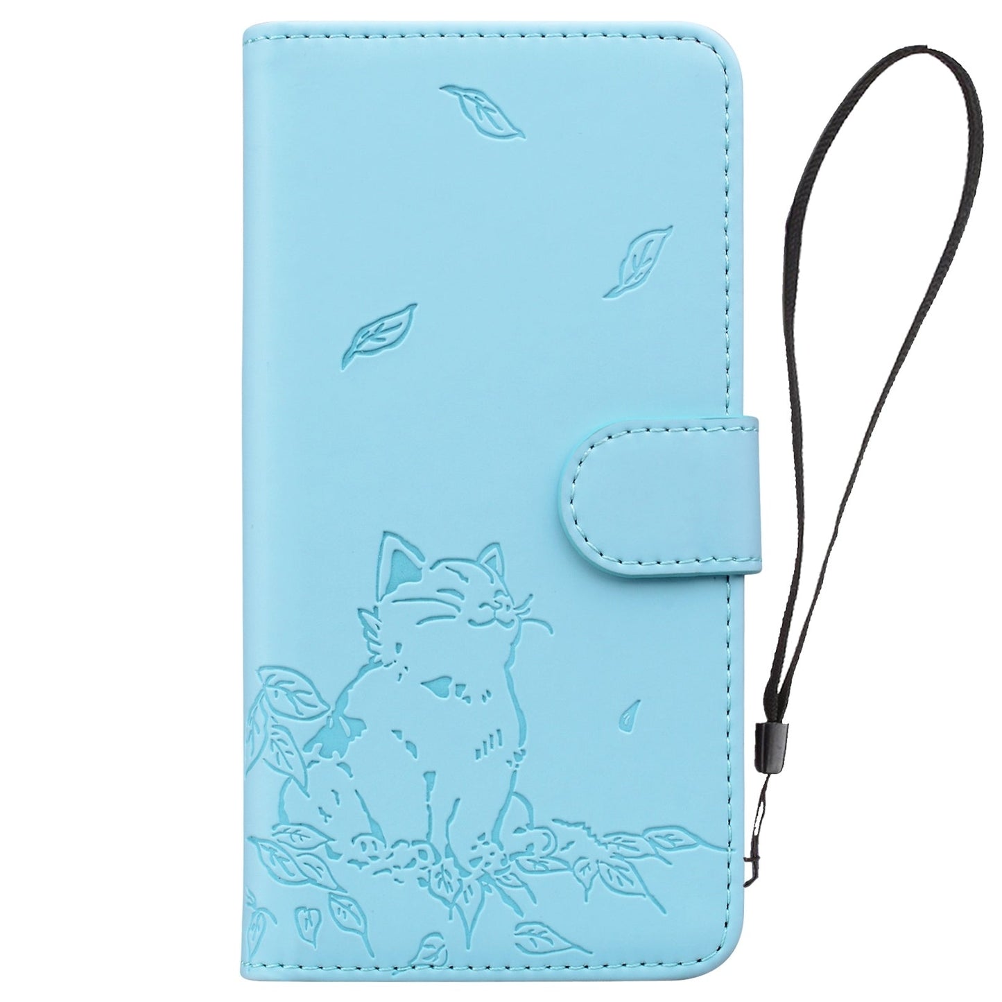 For iPhone 16e Cute Cat Embossed Leather Phone Case(Sky Blue)