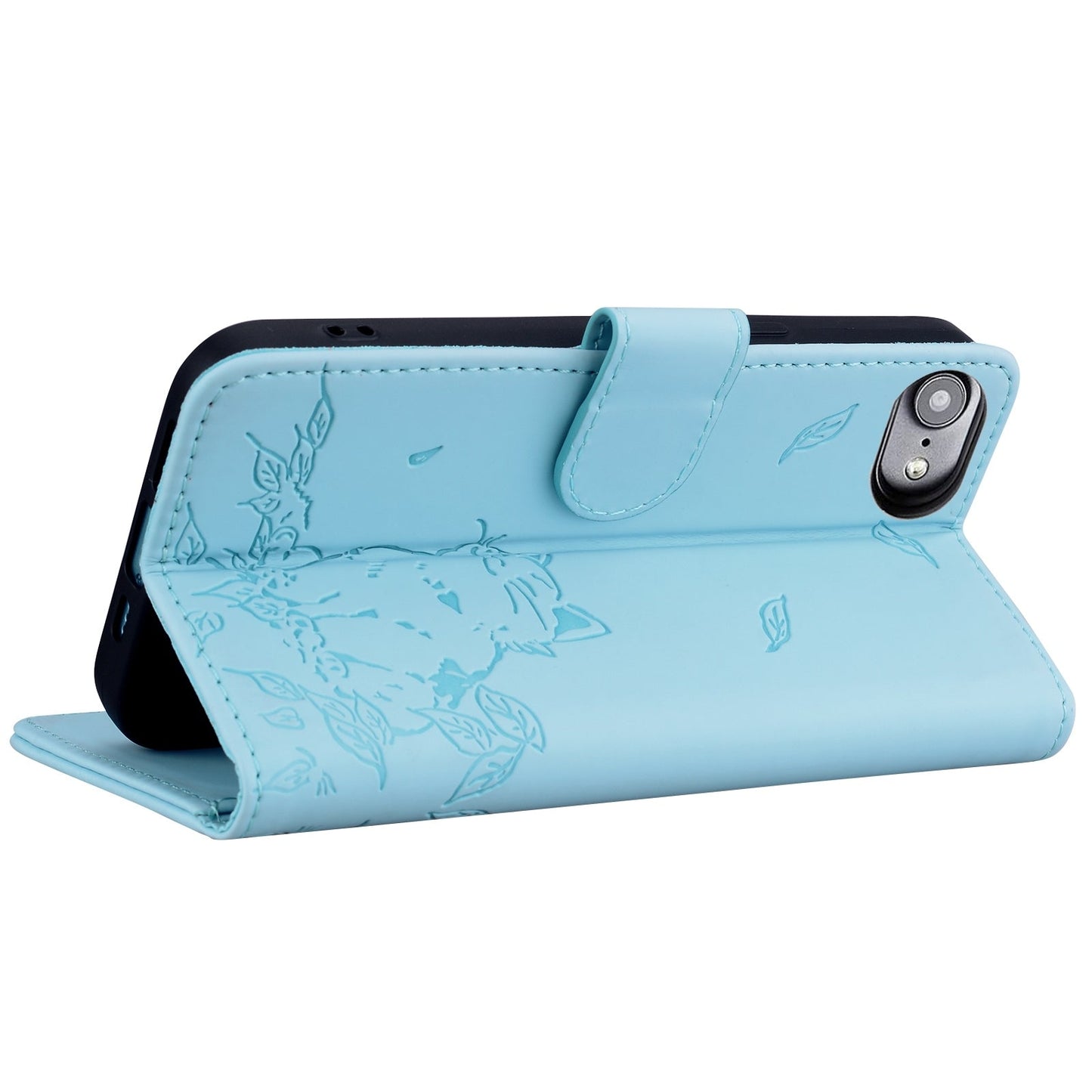 For iPhone 16e Cute Cat Embossed Leather Phone Case(Sky Blue)
